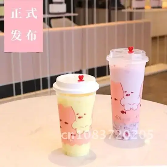 100pcs Disposable Printed Milk Tea Cups 90 Caliber 700ML Beverage Juice Cup Transparent Food Grade Plastic U-shaped Beverage Cup