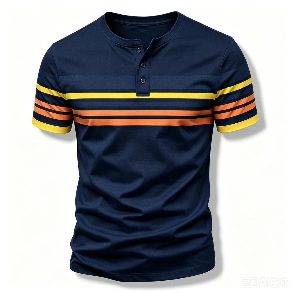 Fashion Henry Collar Short Sleeve Tees Casual Simple Men's Henry T shirt Funny Stripes Print Button Tops Summer Street Clothing view 6