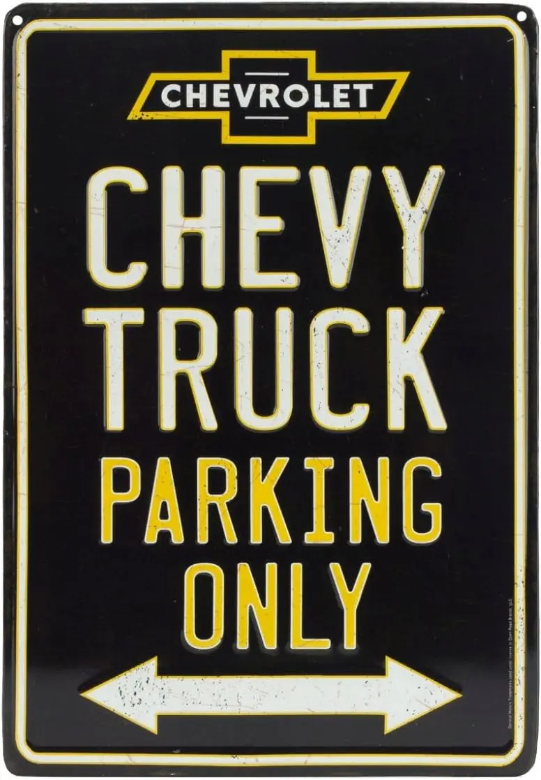 Black and Yellow Chevy Truck Parking Only Metal Sign - Vintage Chevy Sign for Garage or Man Cave