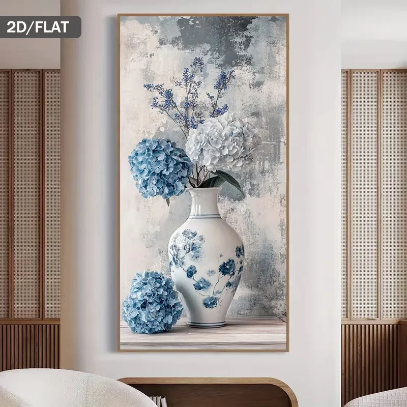 2D Flat, 2D Flat, Modern Abstract Canvas Painting Featuring a Blue And White Hydrangea Vase, Measuring 31.49 by 62.99 Inches Or