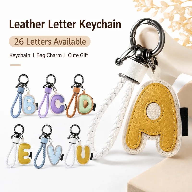 26 Letters PU Leather Keychain A-Z Initial Key Ring Braided Wrist Strap Bag Charm Purse Pendant Personalized Key Holder Gift