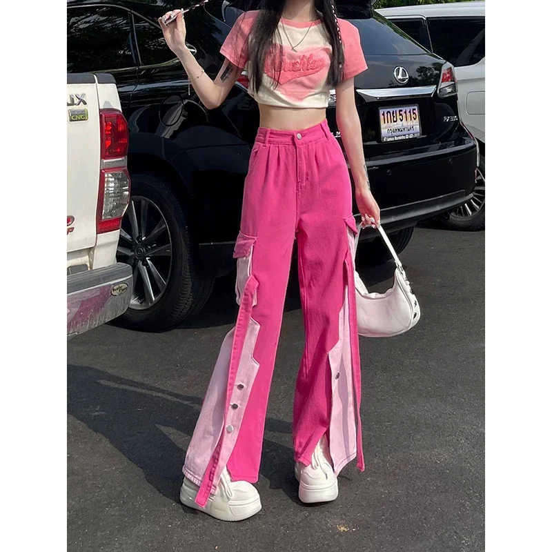 HarajukuVintage pembe fermuar yüksek bel düz kot Patchwork pantolon kadın Casual Baggy Y2K geniş bacak Grunge Denim pantolon