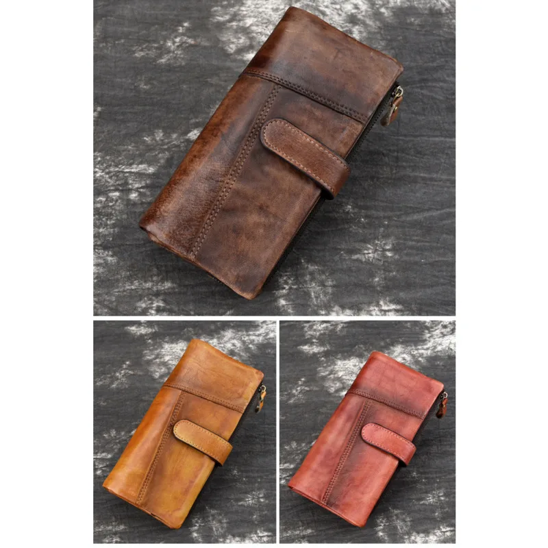GAGACIA Vintage Ladies Cowhide Purse Oil Wax Long Multi-card Wallet For Male Genuine Leather For Women Color The Wallet By Hand