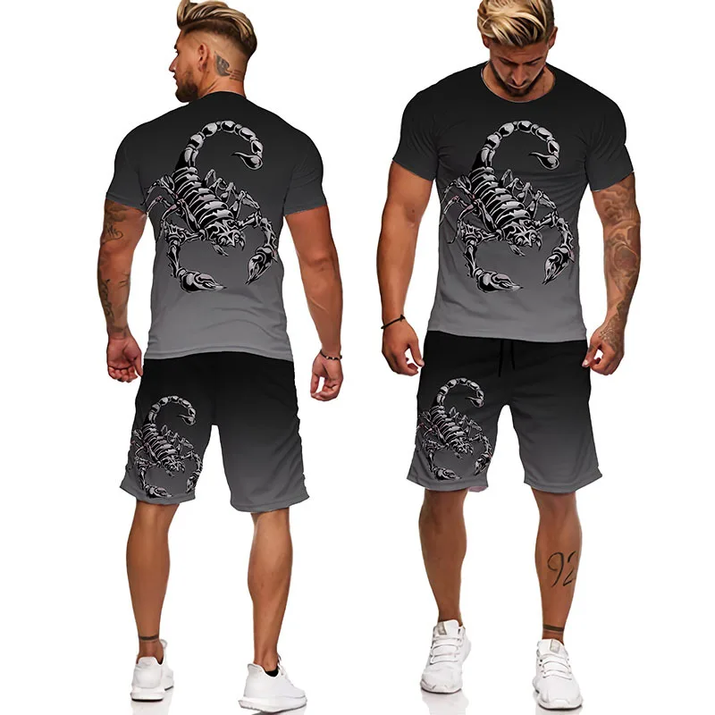 Summer Scorpion Pattern Men\'s Clothing 2PCS Sets 3D Printed Casual T Shirt+Shorts Outfits Street Trend Oversized Sportwear Suits