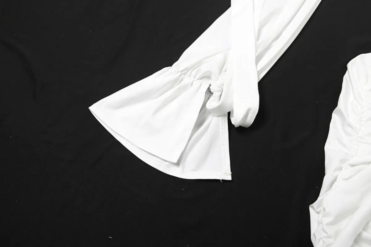 Lace Up Ribbons Solid Backless Ruched Bodycon Mini Party Dress Women Sexy Cross Deep V Neck Full Sleeve Peach Hips Clubwear