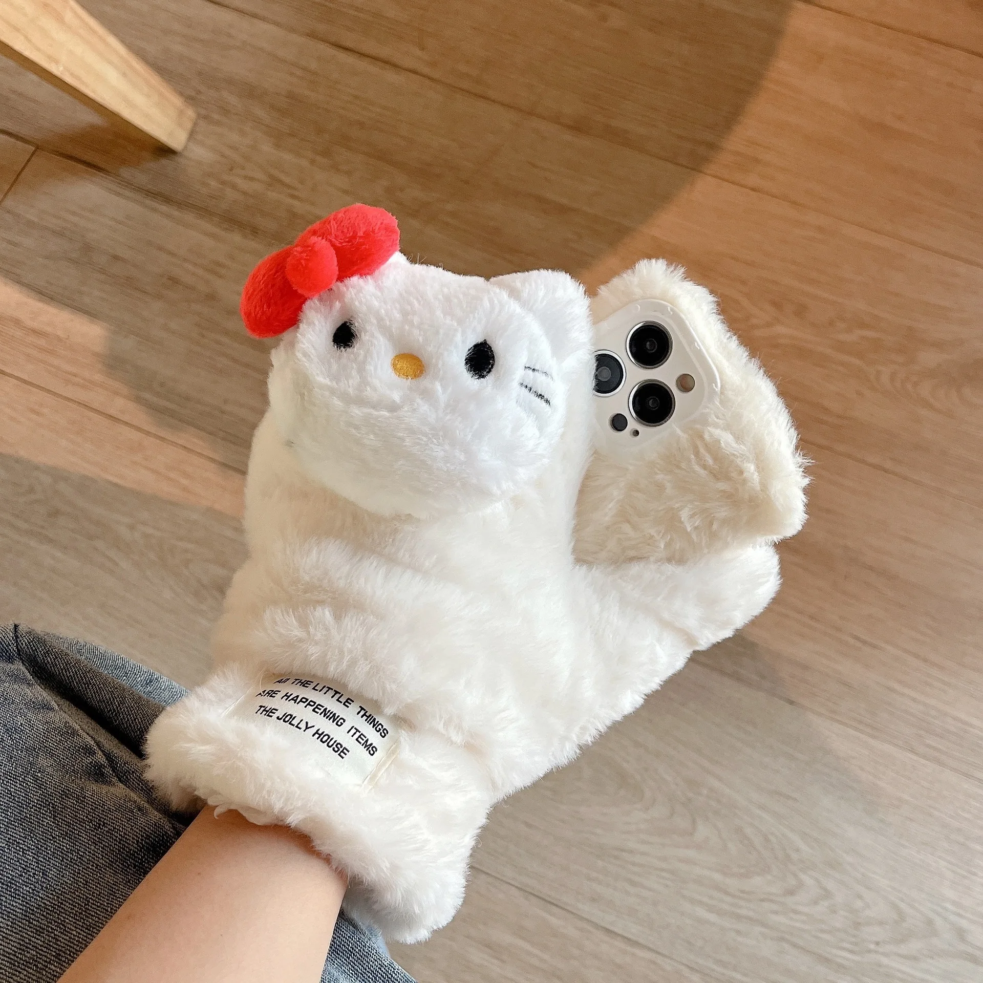 Sanrio Cute Bow Hello Kitty With Creative Winter Warm Plush Gloves Phone Case For Iphone 11 12 13 14 15 Pro Max Drop-proof Cover