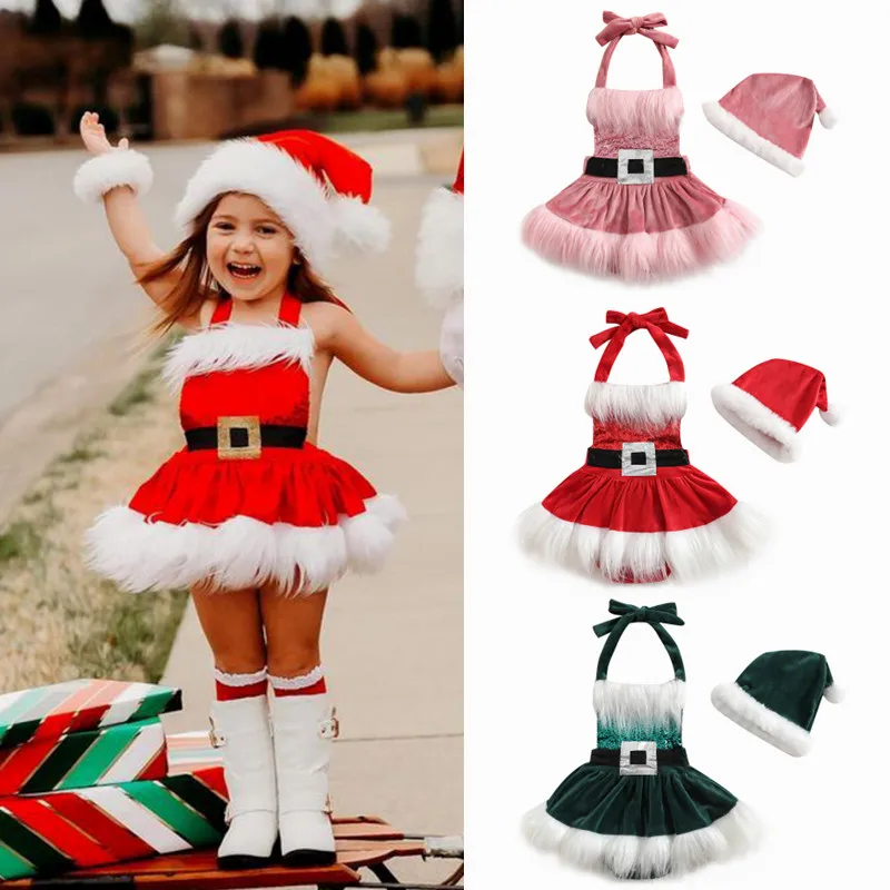 Newborn Baby Girl Christmas Outfits Sleeveless Velvet Santa Claus Dress Romper with Hat Cosplay Party Photography Clothes