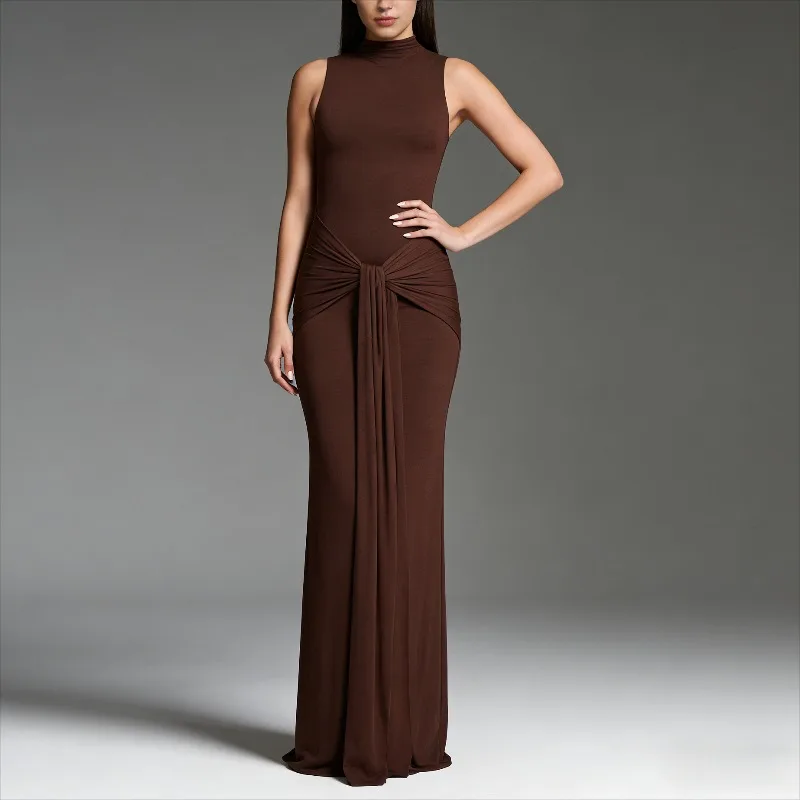 Mode élégante sans manches coupe ajustée col rond à lacets femmes jupe moulante été nouvelle couleur unie Sexy longue dame robes de soirée