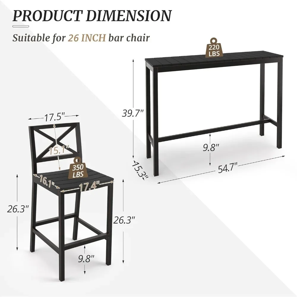 Zestaw stołu i krzeseł o wysokości, 3-częściowy czarny zestaw barowy na taras z wysokim stołem z listwami 55" i 2 stołkami barowymi bez ramienia