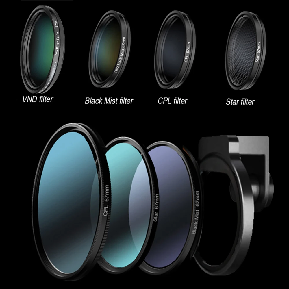 67mm 금속 전화 필터 키트 콜드 슈 마운트 렌즈 Starlight Black Mist VND CPL for iPhone Pro Max Samsung Android HUAWEI Xiaomi