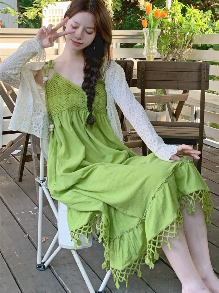 Summer Green Designer Kawaii Dress Women Korean Style Elegant Beach Dress Female Backless Vintage Casual Suspender Dress 2023