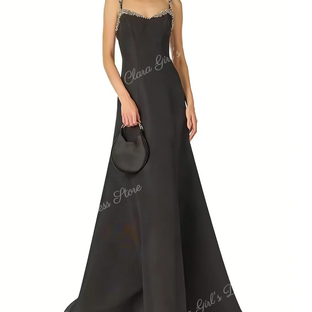 Schwarzes, elegantes Satin-Abendkleid für Damen, Kristall, dünne Träger, ärmellos, ausgestelltes Partykleid