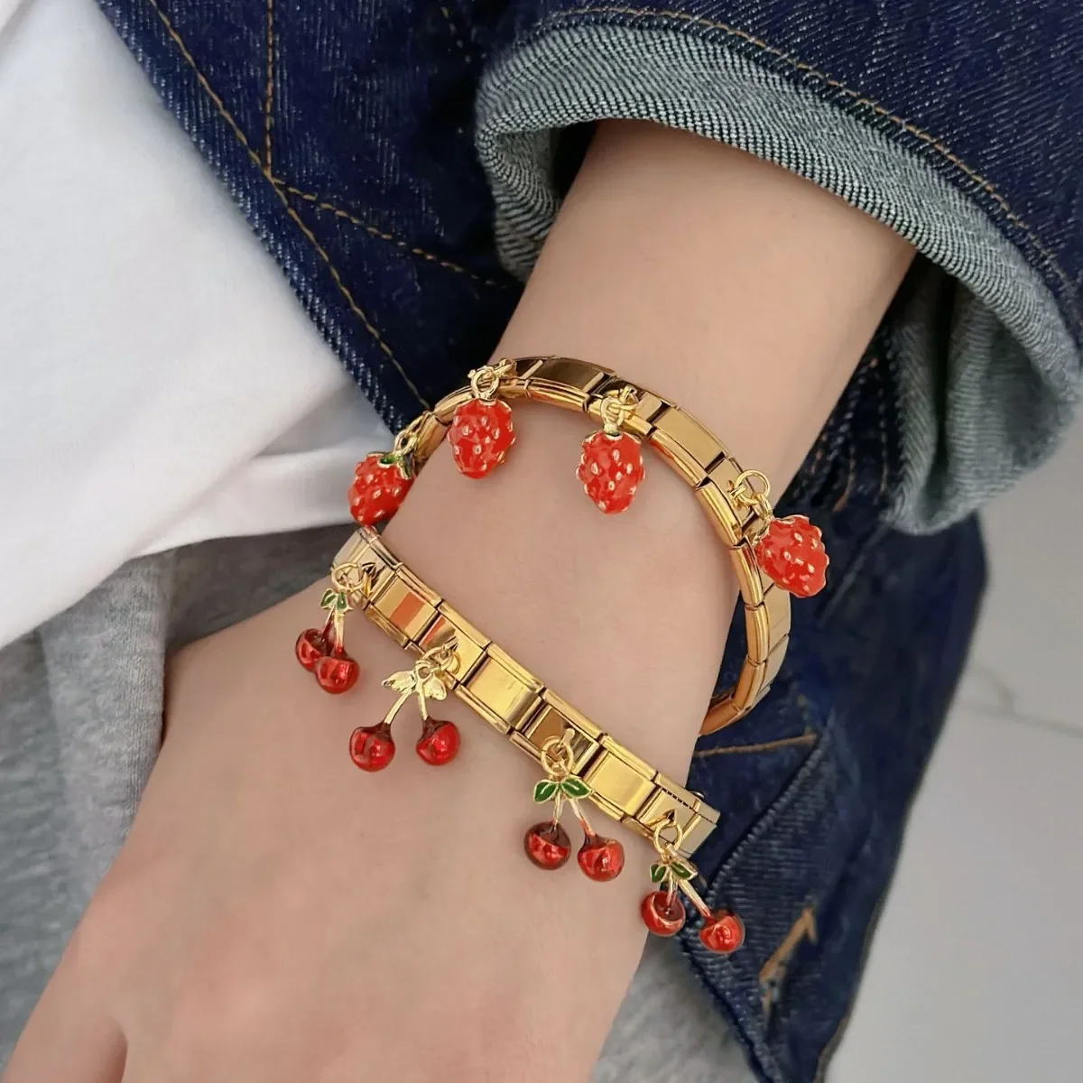 2024 Gold Colour Little Cherry Bangle for Women Stainless Steel Strawberry Fashion Lovely Jewelry Gift