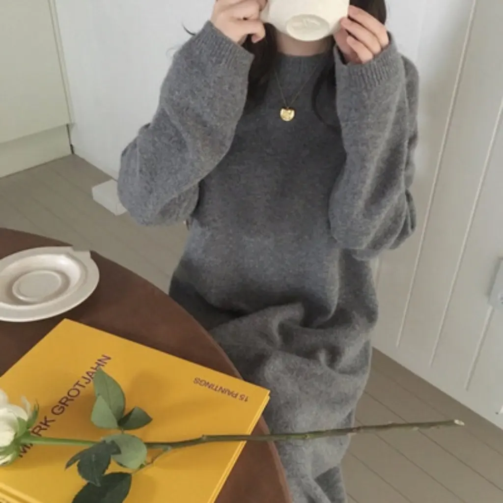 

Women's Korean-Style Lazy Style Sweater Dress Long Loose Slim Fit Pullover Knitted Winter Base Layer Knee-Length