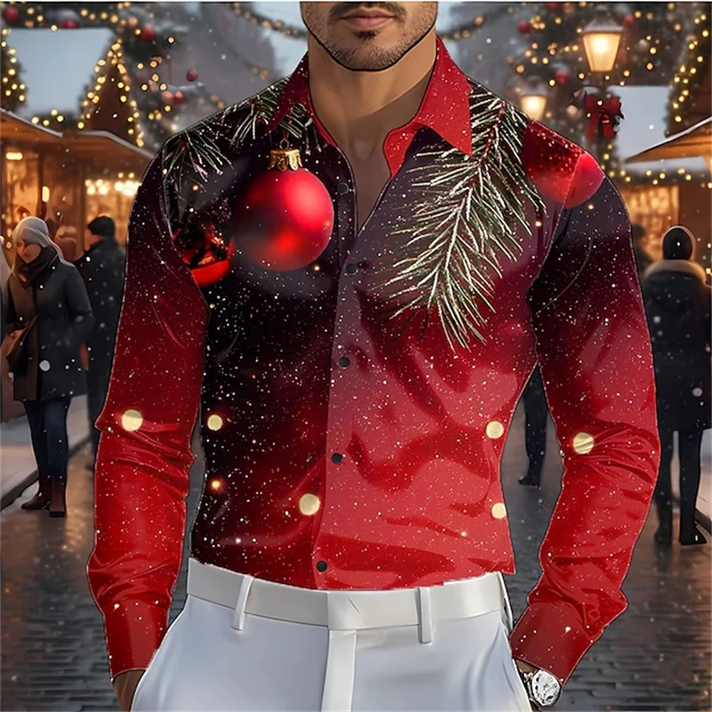 

Новый мужской рождественский наряд, платье с рождественским шаром и принтом, рубашка с воротником на пуговицах, рубашка с длинными рукавами, уличная праздничная одежда для вечеринок