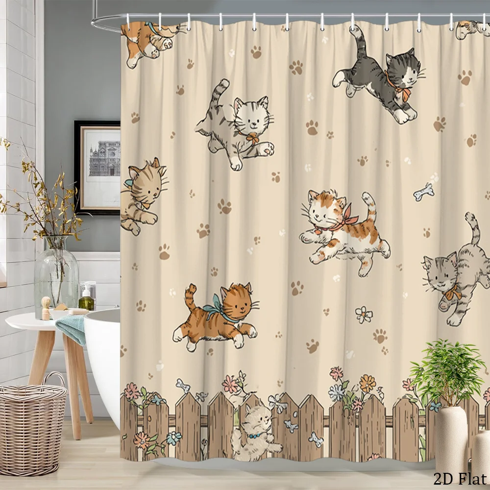 Cartoon Cat Print Shower Curtain, Funny Playing Cats with Fence Pattern, Animal Bathroom Decor Waterproof Polyester Bath Curtain