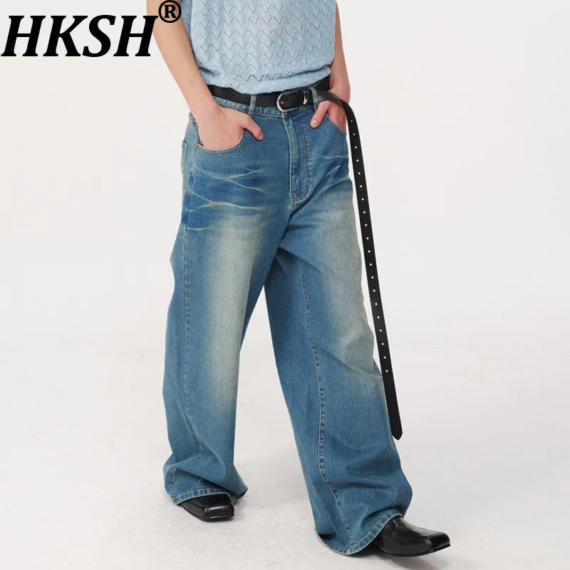 

HKSH Spring New Man Tide Punk Ripple Wide-Leg Jeans Washed Vintage Cat Whiskers Denim Pants Straight Fit Elegant Chic Ins HK9782