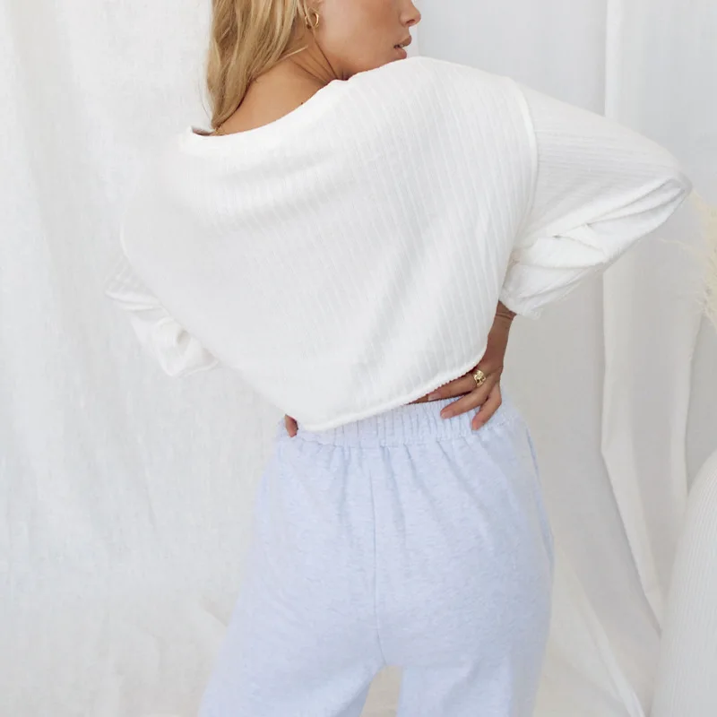 Women Long Sleeve Drawstring Sweatshirt Crop Top Fashion Round Neck Solid Color Tops Clothes for Ladies Female Autumn Spring New