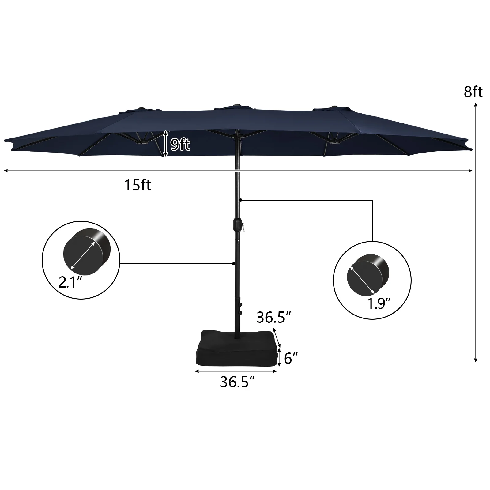 15FT Double-Sided Twin Patio Umbrella Sun Shade Outdoor Crank Market Base Navy