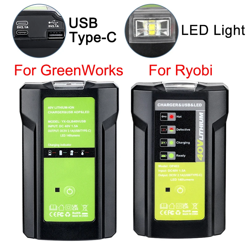 Greenworks for ryobi 40vリチウムバッテリーアダプター、LEDライトタイプcポートUSBポート付き