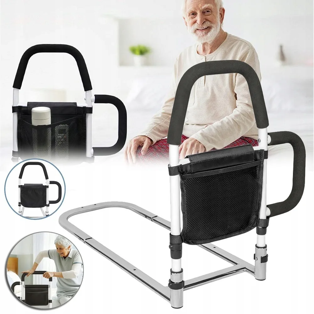 Barrières de lit pour personnes âgées, main courante de chevet avec poignées en mousse, sac de rangement amovible et sangle de sécurité, pour personnes âgées et femmes enceintes, compatible avec les lits King, Queen, Full, Twin