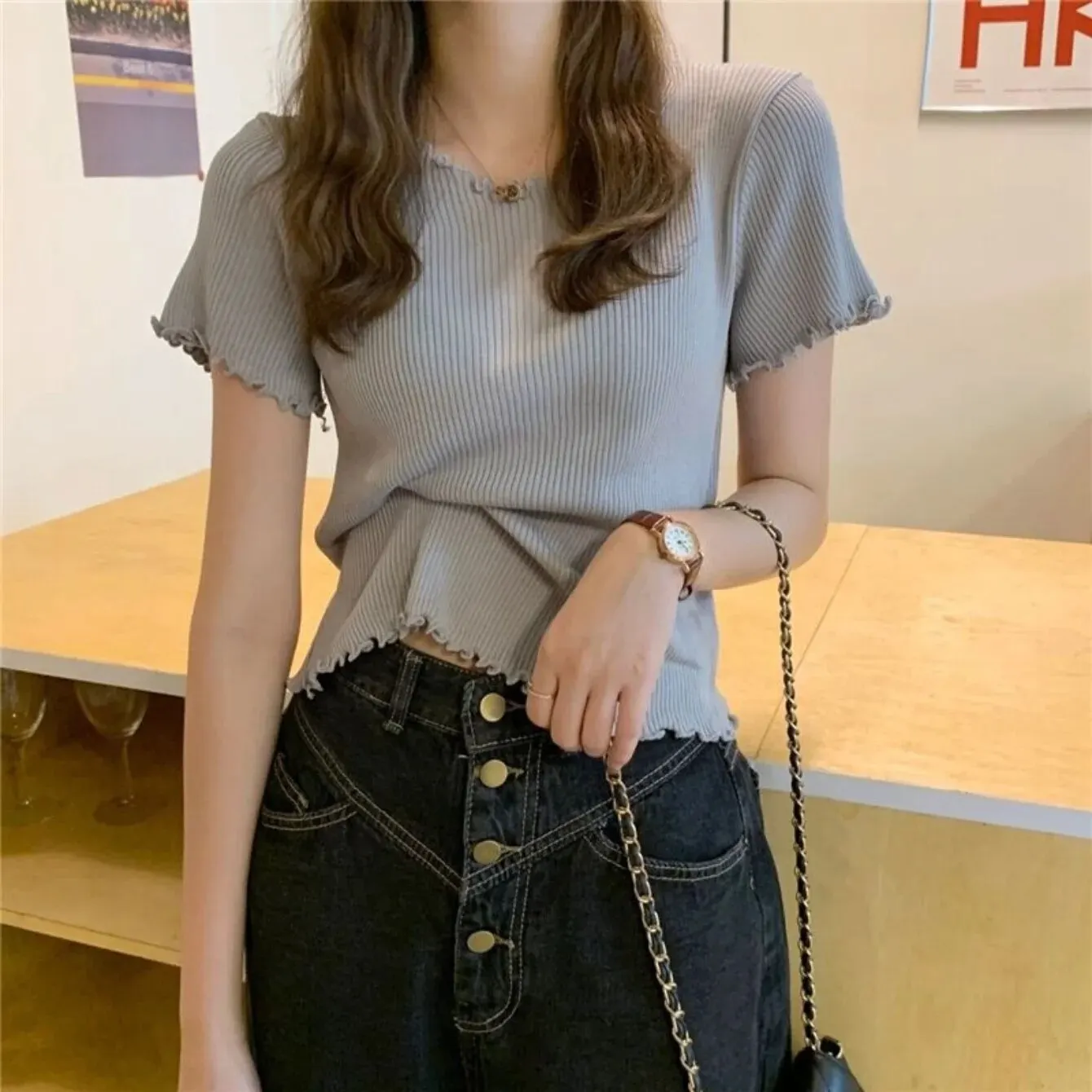 Women's Lettuce Trim Ribbed T-Shirt Knit Short Sleeve Crop Top Slim Fitted Vintage Wooden Ear Trim Slim Short Tee Spring Summer image 3