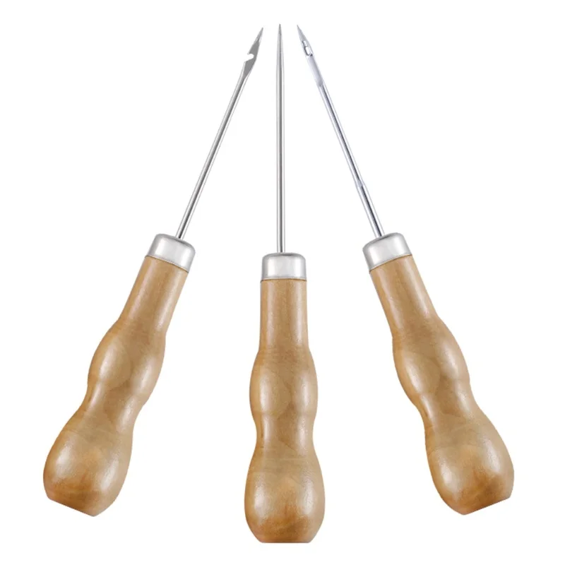 3 unids/set mango de madera punzón de costura cosido a mano herramienta de perforación de cuero DIY gancho de reparación de zapatos accesorios de