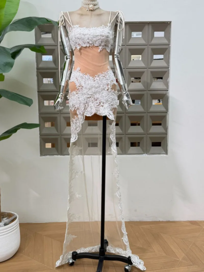 Summer White Transparent Embroidered Camisole Dress Women Waist Cinched Sleeveless Dresses New 3AIZ2X