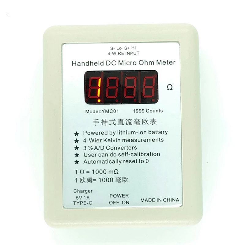 Handheld DC Milliohmmeter Low Resistance Tester Meter Four Wire Kelvin Measurement Rechargeable 20R 1-1999Mω