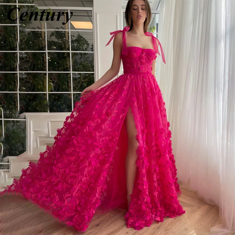 Customized Sweetheart Evening Party Gowns with Slit Applique 3D Fuchsia Flowers Prom Dress Floor Length Celebrity Dresses Custom