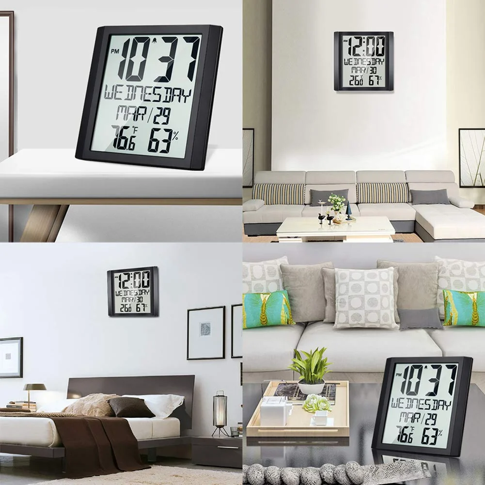 

LICE-Digital Wall Clock With Temperature & Humidity 8.6 Inch Large Display Time/Date/Week Alarm Clock For Home Office