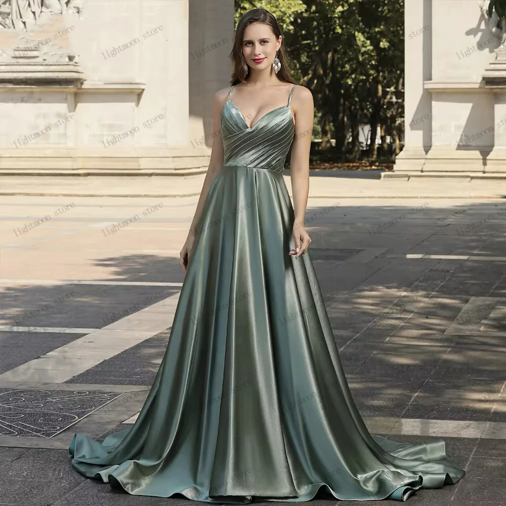 Simple Evening Dresses A-Line Satin Prom Dress Elegant Robes Spaghetti Straps Sweep Train Sleeveless Vestidos De Gala Customized