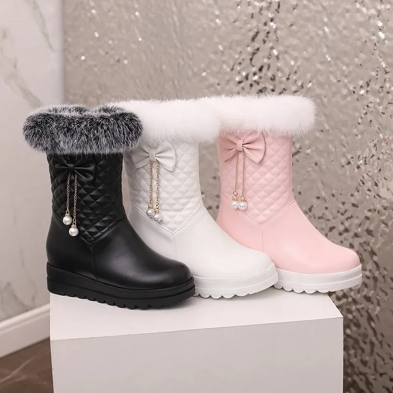 Fashion Women Snow Boots 2023 Winter Booties Height Lncreasing Platform Thick Plush Warm Zip Winter Shoes 34-43 White Pink Black