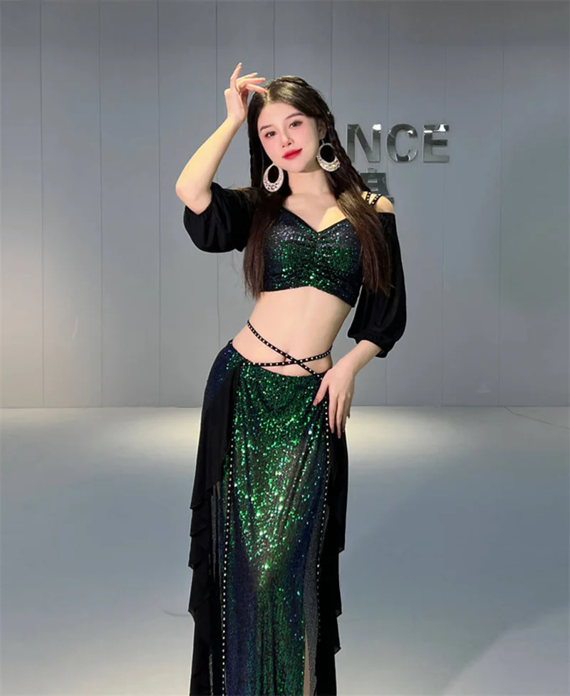 Top+split Long Skirt 2pcs Oriental Professional Set Belly Dancing Wear Outfit Belly Dance Costume Set for Women Short Sleeves