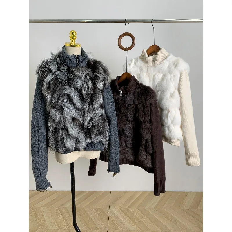 Fox fur jacket women's knitted splicing short temperament jacket stand-up collar thickened coat