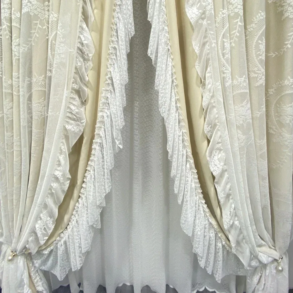 

Double French Rococo Ins Style Curtains for Living Room Bedroom Girls Models Blackout Light Luxury Cream Lace Milk Tea Colour