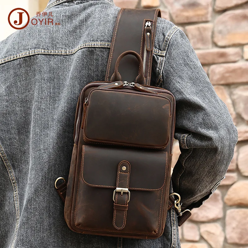 Joyir Men's Vintage Style Crazy  Leather Chest Bag Top Layer Cowhide Single Shoulder Handheld iPad Bag Multi-Functional ...