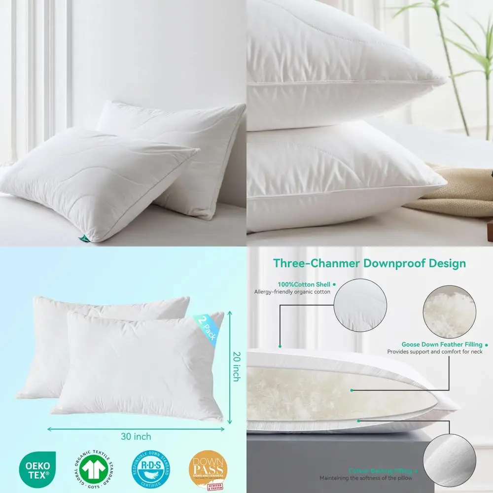

Super King Size Cotton Pillows - Set of 2, 100% Cotton, Medium Firmness, Soft Support, White Goose Feather Down