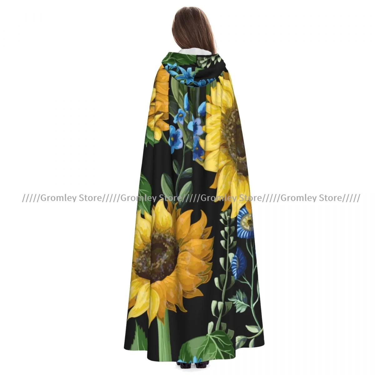 Sunflowers With Floral Leaves Witch Cloak Halloween Cosplay Costume Adult Unisex Cloak Retro Ages Cape