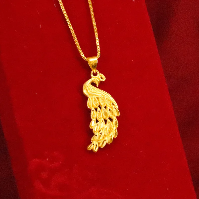 

Роскошное женское ожерелье с подвеской в виде павлиньего пера из чистого золота 24K 9999 пробы