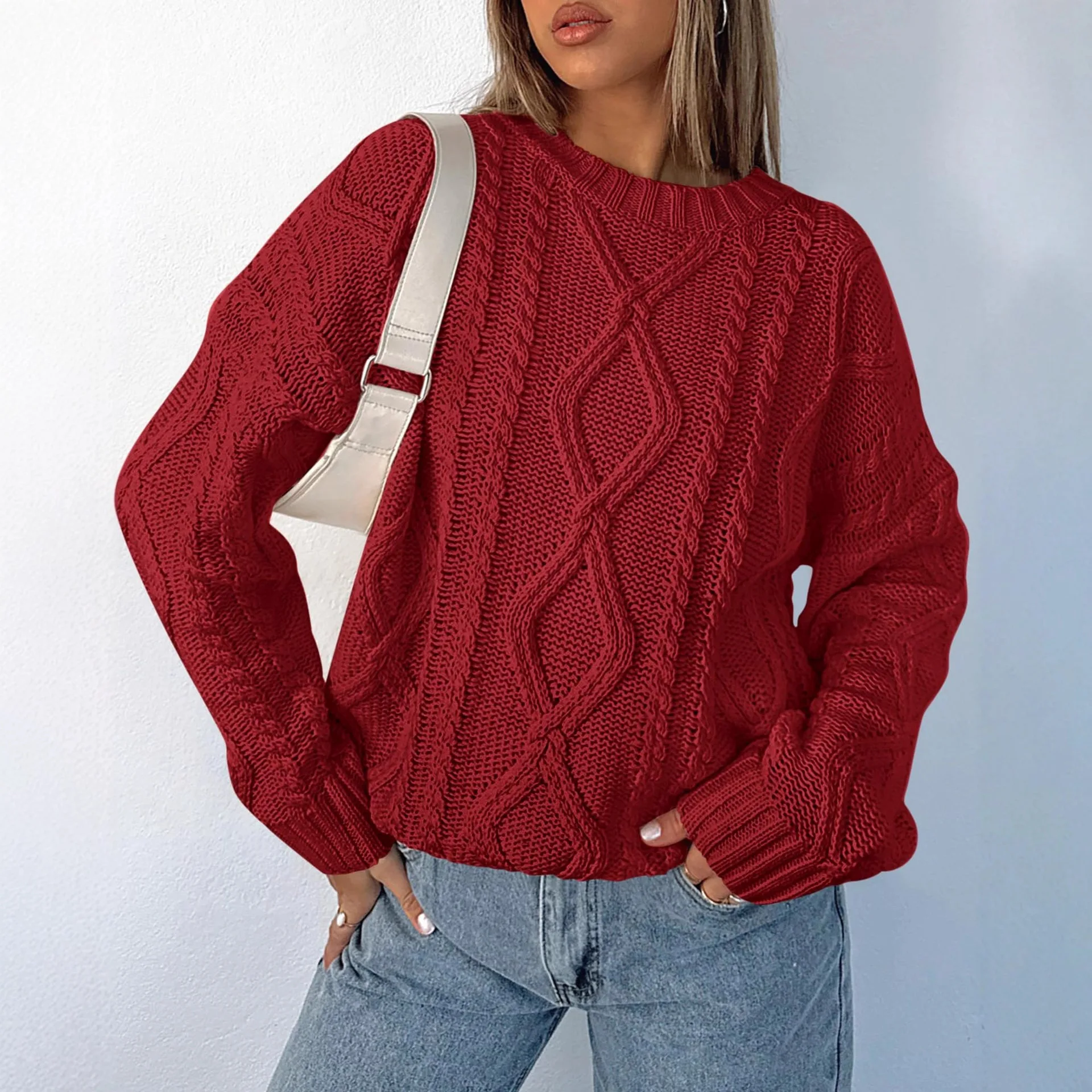 

2025 Autumn Winter New Commuter Vintage Sweater Round Neck Cable Knit Long Sleeve Warm Knitted Pullover