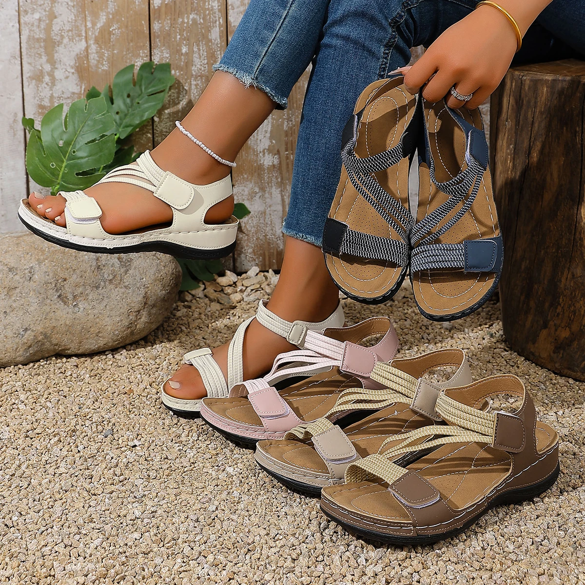 Women Open Toe Wedge Sandals Hook And Loop Adjustable Strap Woven Elastic Comfort Platform Summer Sandals Large Size