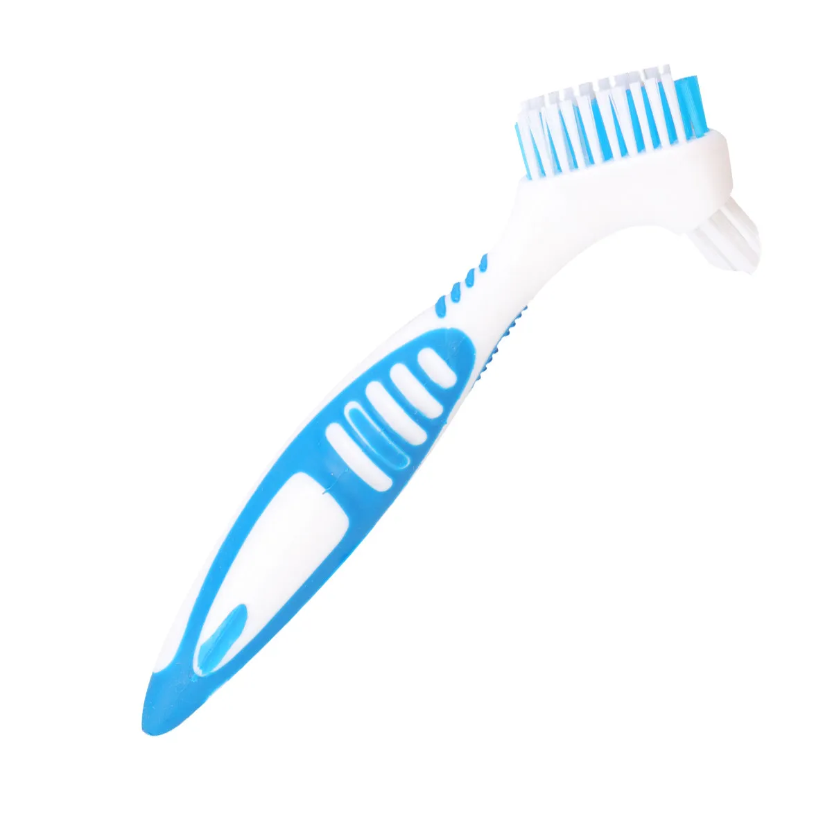 1Pcs False Teeth Brush Double Head Denture Cleaning Brush Silicone Handle Non-Slip Design Oral Care Tool Portable Blue