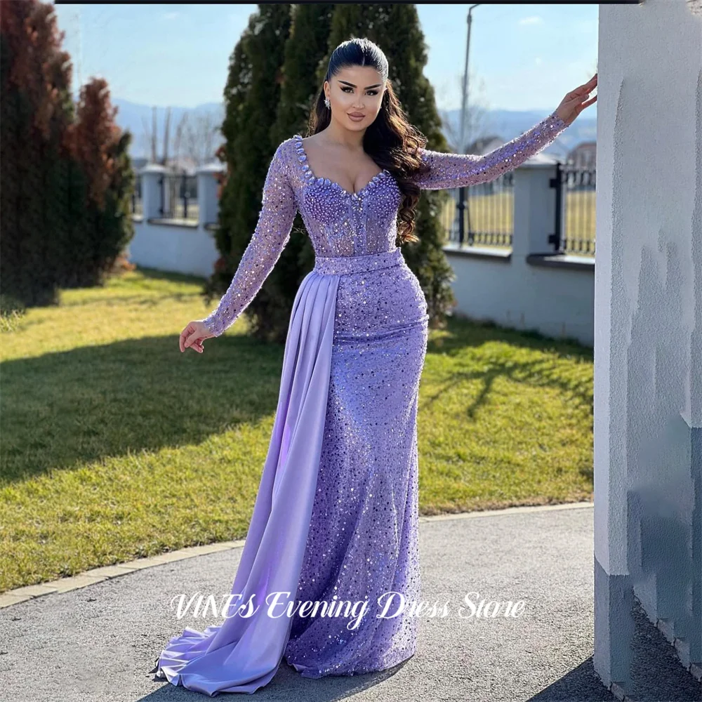 

VINES Lavender Party Dress with Sheer Long Sleeves Evening Dress Mermaid Party Gown Sweetheart Prom Gown for Women Customized