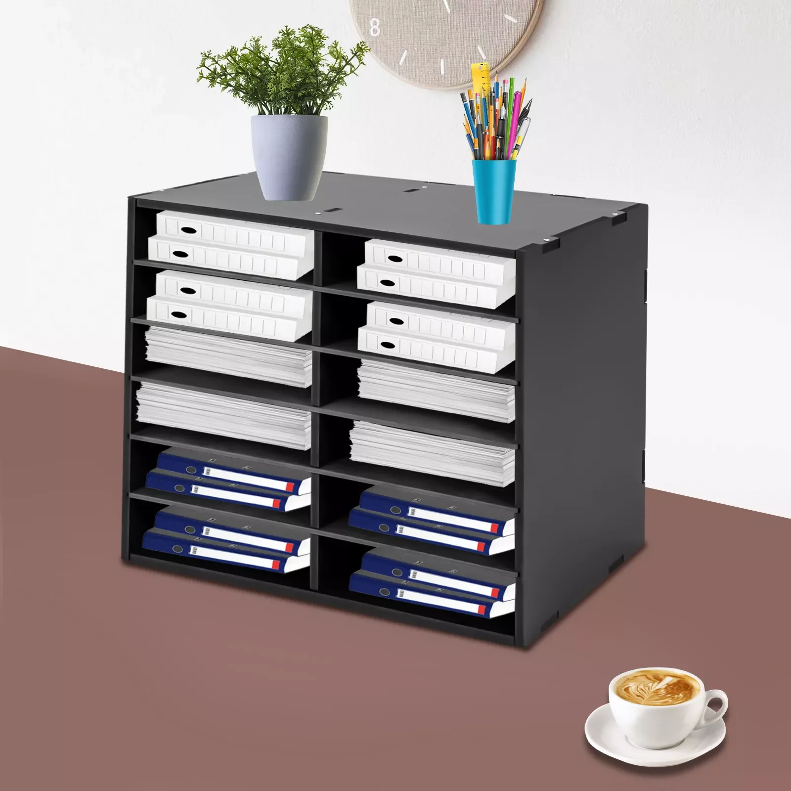 PVC Literature Organizer File Sorter Paper Desktop Storage Holder 12 Slots Black