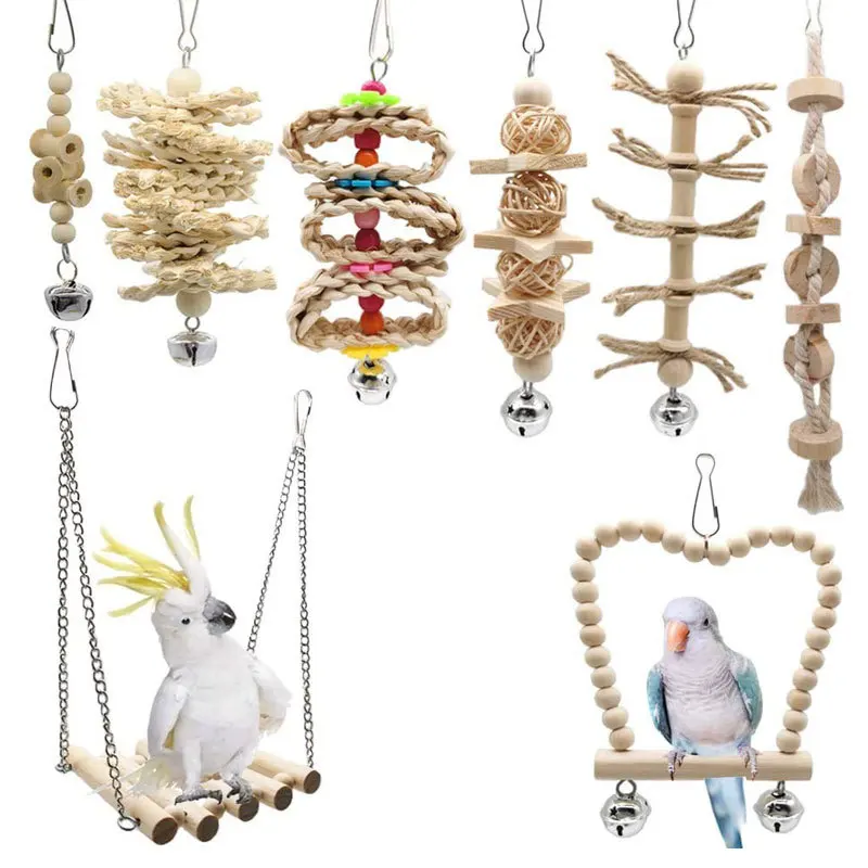 Parrot Toy Combination Set, Bird Habitat, Swing, Wood Color Bird Supplies, Biting Bird Toy Set, 8 pieces