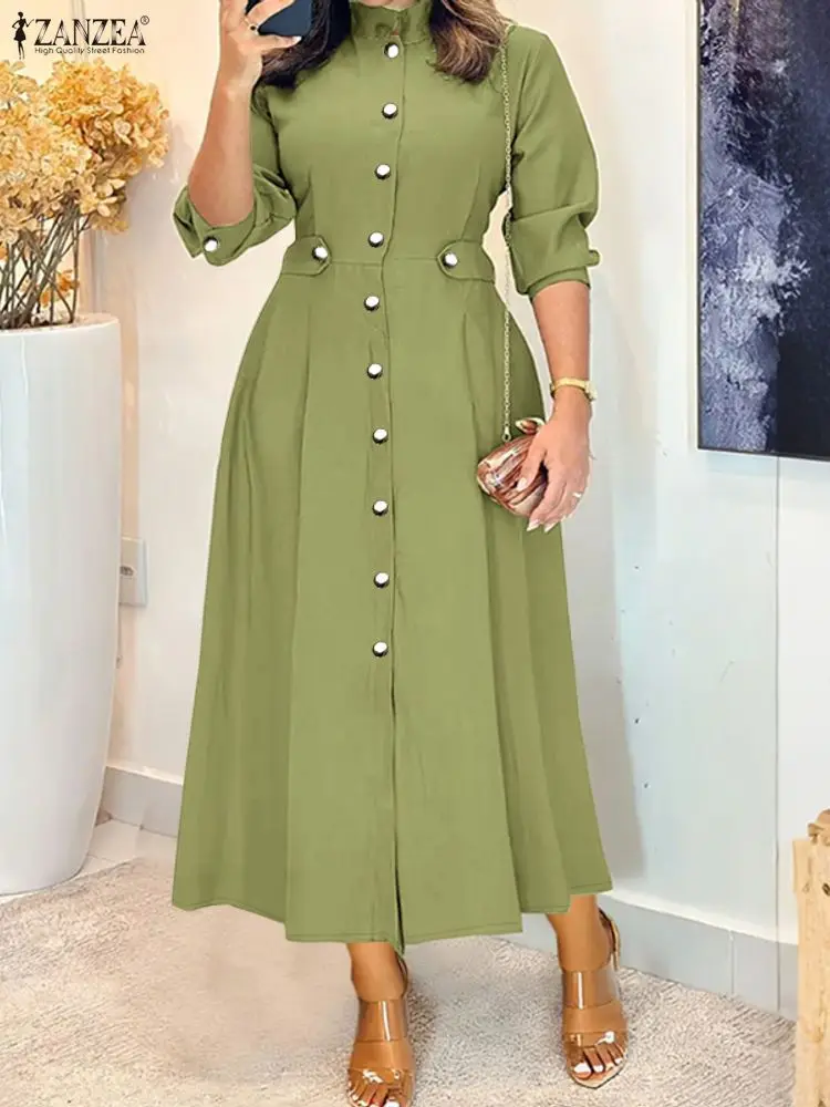 ZANZEA Sukienki midi plus size dla kobiet, eleganckie, codzienne, z golfem, długi rękaw, zapinane na guziki, rozkloszowane, długa sukienka, odzież damska FW, rozmiar 5XL