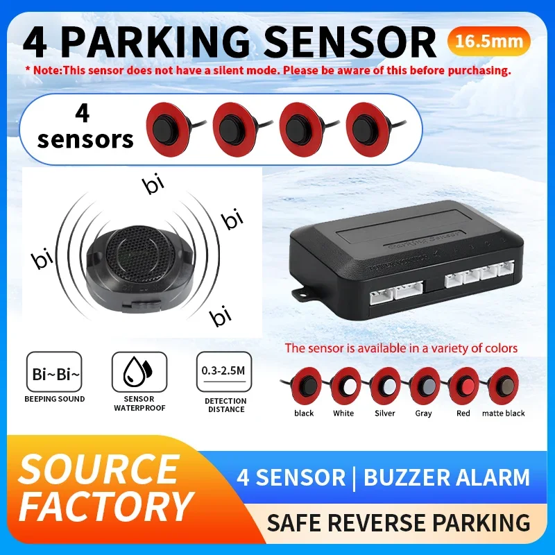 16.5mm Flat Probe Parking Sensor Kit 4 Sensors Buzzer Detector Reversing Radar Universal Auto Auxiliary Safety Accessories 12V