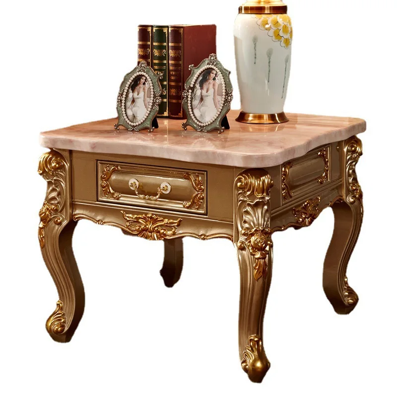 

European-style all-solid wood square table, light luxury, living room, sofa edge, few corners, marble surface, gold 70cm square