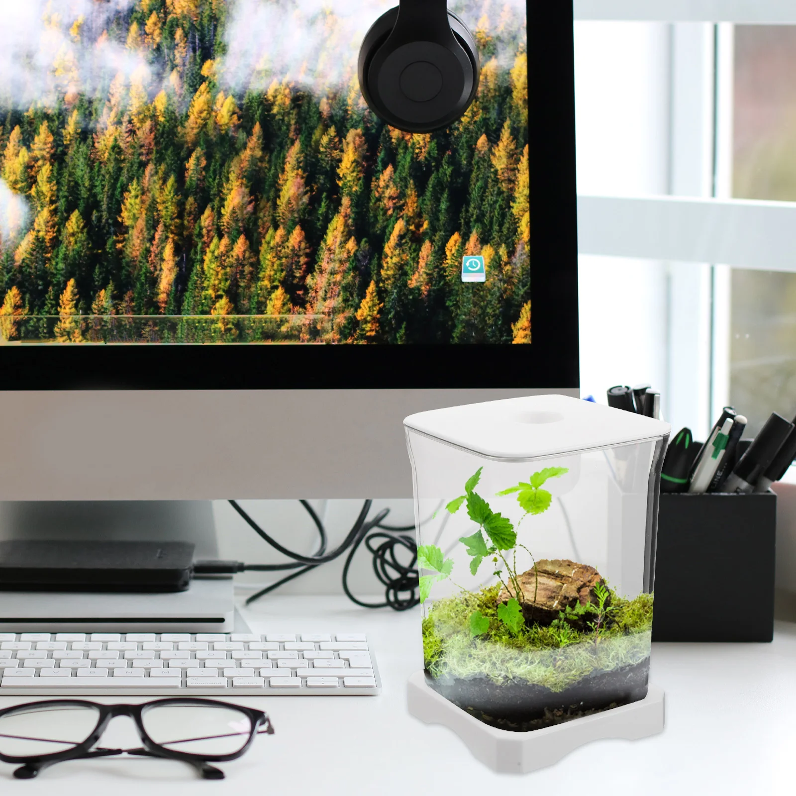 

Small Betta Fish Tank Plastic Desktop Aquarium Rectangular Top Feeding Hole Office Goldfish Fish Bowl Compact Decorative